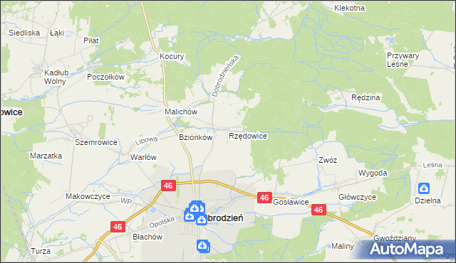 mapa Rzędowice gmina Dobrodzień, Rzędowice gmina Dobrodzień na mapie Targeo