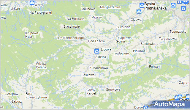 mapa Sidzina gmina Bystra-Sidzina, Sidzina gmina Bystra-Sidzina na mapie Targeo