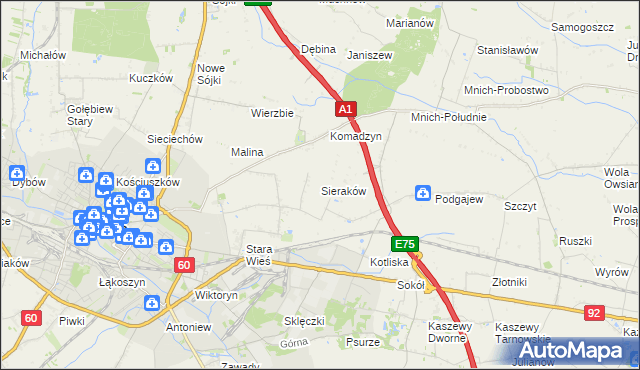 mapa Sieraków gmina Kutno, Sieraków gmina Kutno na mapie Targeo