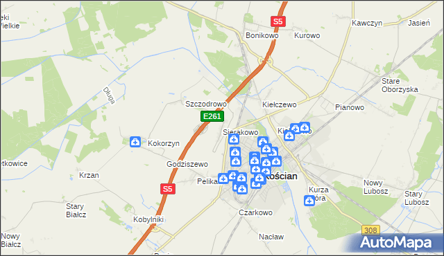 mapa Sierakowo gmina Kościan, Sierakowo gmina Kościan na mapie Targeo