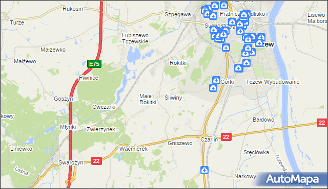 mapa Śliwiny gmina Tczew, Śliwiny gmina Tczew na mapie Targeo