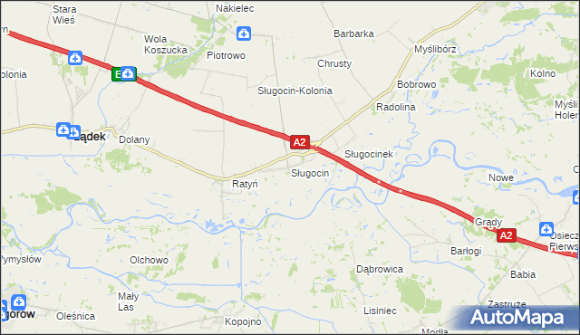 mapa Sługocin gmina Lądek, Sługocin gmina Lądek na mapie Targeo