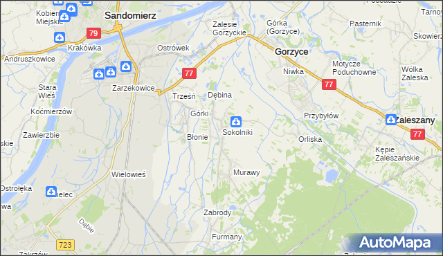 mapa Sokolniki gmina Gorzyce, Sokolniki gmina Gorzyce na mapie Targeo