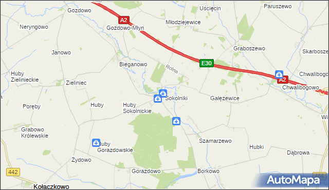 mapa Sokolniki gmina Kołaczkowo, Sokolniki gmina Kołaczkowo na mapie Targeo