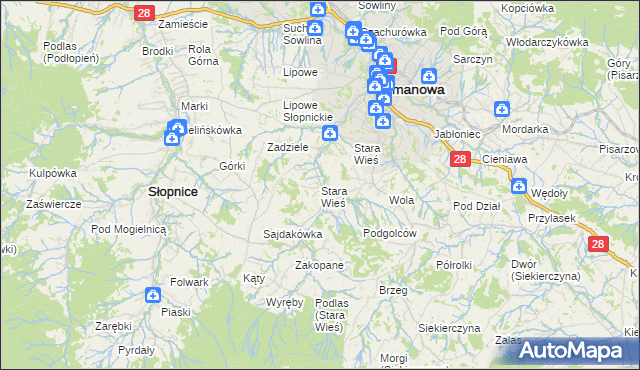 mapa Stara Wieś gmina Limanowa, Stara Wieś gmina Limanowa na mapie Targeo
