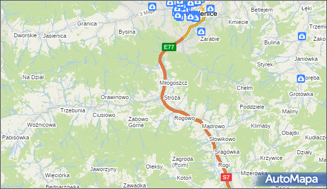 mapa Stróża gmina Pcim, Stróża gmina Pcim na mapie Targeo