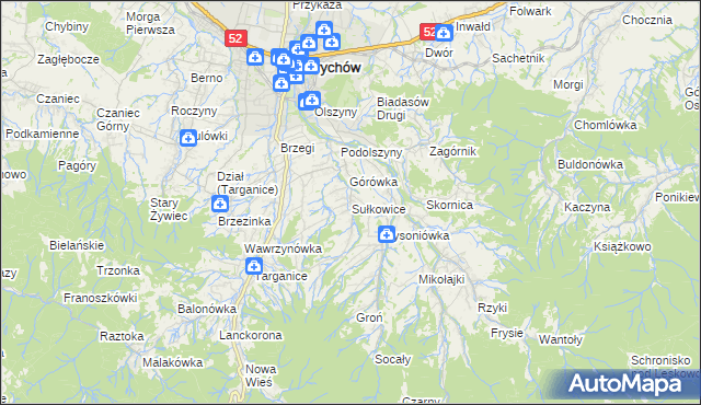 mapa Sułkowice gmina Andrychów, Sułkowice gmina Andrychów na mapie Targeo