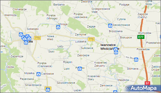 mapa Sułkowice gmina Iwanowice, Sułkowice gmina Iwanowice na mapie Targeo