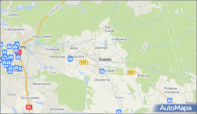 mapa Suszec powiat pszczyński, Suszec powiat pszczyński na mapie Targeo
