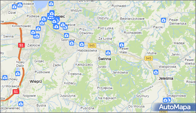 mapa Świnna powiat żywiecki, Świnna powiat żywiecki na mapie Targeo