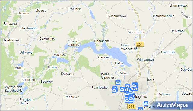 mapa Szerzawy gmina Mogilno, Szerzawy gmina Mogilno na mapie Targeo