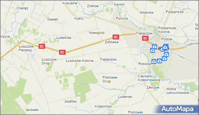 mapa Trębaczów gmina Łęczna, Trębaczów gmina Łęczna na mapie Targeo