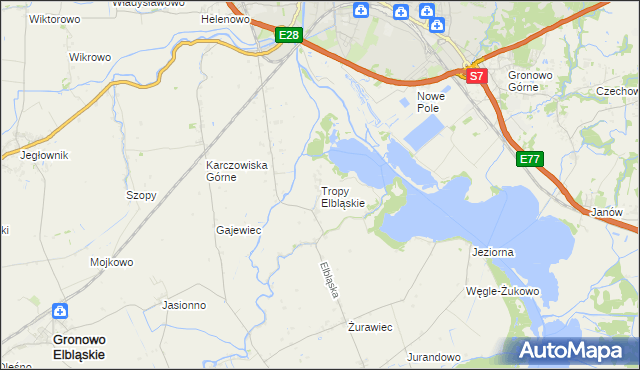mapa Tropy Elbląskie, Tropy Elbląskie na mapie Targeo