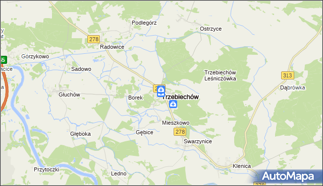 mapa Trzebiechów powiat zielonogórski, Trzebiechów powiat zielonogórski na mapie Targeo
