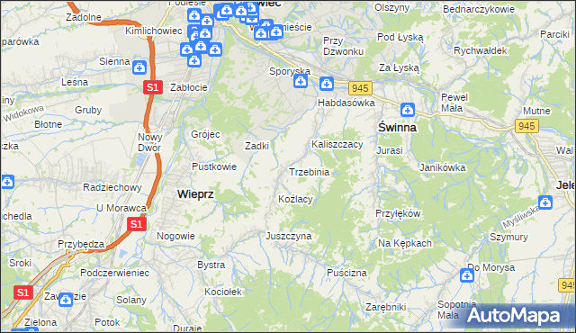 mapa Trzebinia gmina Świnna, Trzebinia gmina Świnna na mapie Targeo
