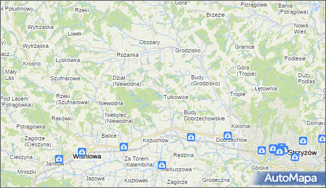 mapa Tułkowice gmina Wiśniowa, Tułkowice gmina Wiśniowa na mapie Targeo
