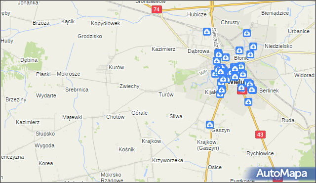 mapa Turów gmina Wieluń, Turów gmina Wieluń na mapie Targeo