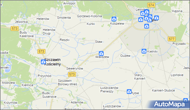 mapa Waliszew gmina Szczawin Kościelny, Waliszew gmina Szczawin Kościelny na mapie Targeo