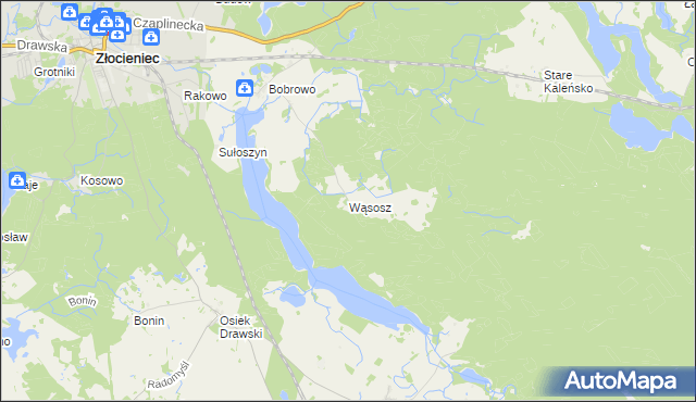 mapa Wąsosz gmina Złocieniec, Wąsosz gmina Złocieniec na mapie Targeo