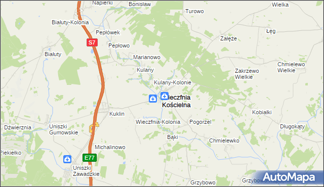 mapa Wieczfnia Kościelna, Wieczfnia Kościelna na mapie Targeo