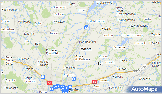 mapa Wieprz powiat wadowicki, Wieprz powiat wadowicki na mapie Targeo