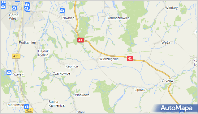 mapa Wierzbięcice gmina Nysa, Wierzbięcice gmina Nysa na mapie Targeo