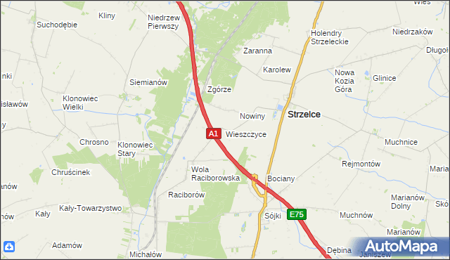 mapa Wieszczyce gmina Strzelce, Wieszczyce gmina Strzelce na mapie Targeo