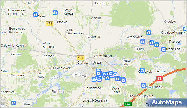 mapa Wiewiórczyn gmina Łask, Wiewiórczyn gmina Łask na mapie Targeo