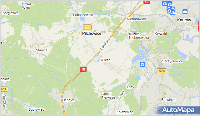 mapa Wilcza gmina Pilchowice, Wilcza gmina Pilchowice na mapie Targeo