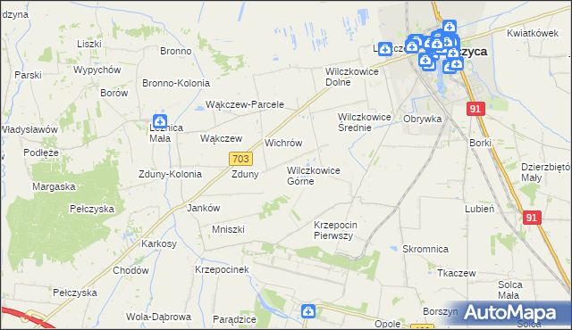 mapa Wilczkowice Górne gmina Łęczyca, Wilczkowice Górne gmina Łęczyca na mapie Targeo