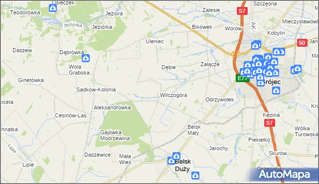 mapa Wilczogóra gmina Belsk Duży, Wilczogóra gmina Belsk Duży na mapie Targeo