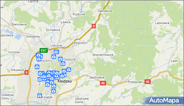 mapa Wojciechowice gmina Kłodzko, Wojciechowice gmina Kłodzko na mapie Targeo
