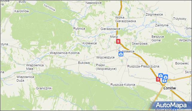 mapa Wojcieszyce gmina Łoniów, Wojcieszyce gmina Łoniów na mapie Targeo