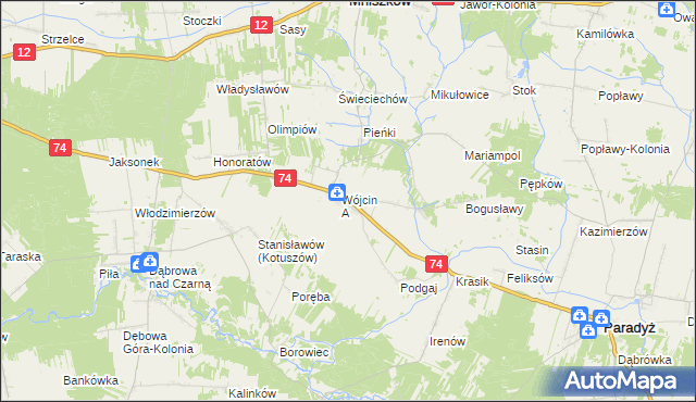 mapa Wójcin gmina Paradyż, Wójcin gmina Paradyż na mapie Targeo