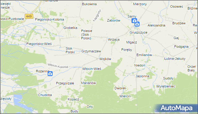 mapa Wojków gmina Błaszki, Wojków gmina Błaszki na mapie Targeo