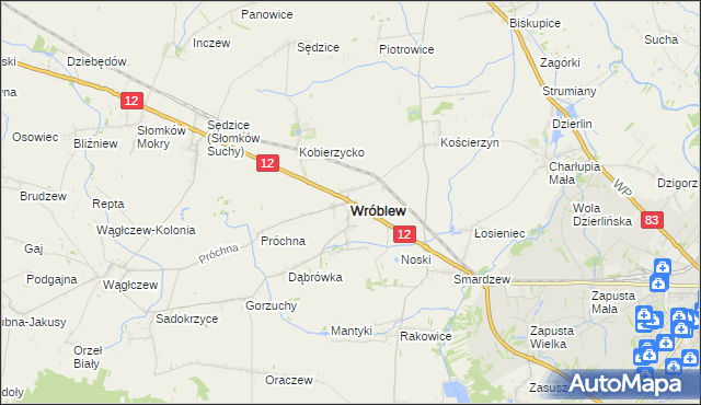 mapa Wróblew powiat sieradzki, Wróblew powiat sieradzki na mapie Targeo