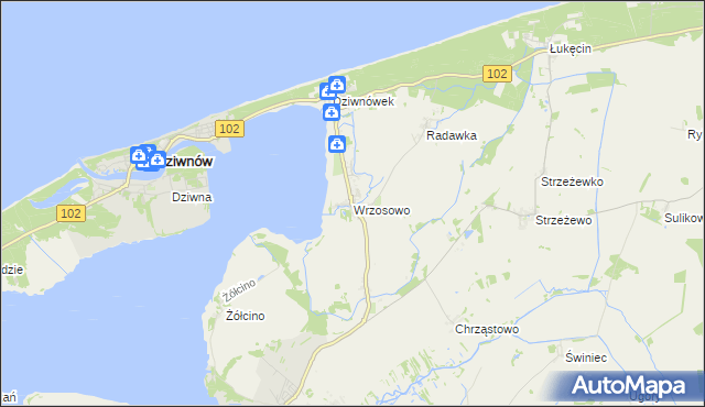 mapa Wrzosowo gmina Kamień Pomorski, Wrzosowo gmina Kamień Pomorski na mapie Targeo