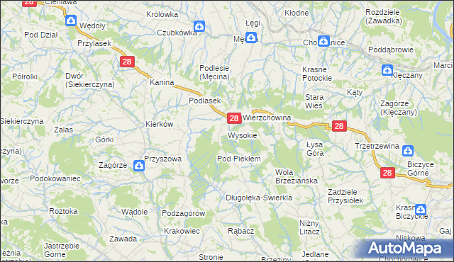 mapa Wysokie gmina Limanowa, Wysokie gmina Limanowa na mapie Targeo