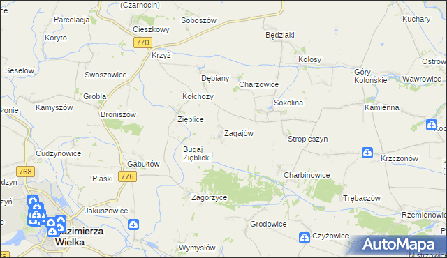mapa Zagajów gmina Czarnocin, Zagajów gmina Czarnocin na mapie Targeo