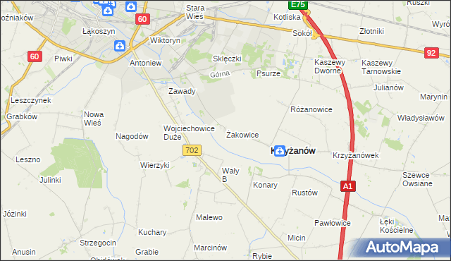 mapa Żakowice gmina Krzyżanów, Żakowice gmina Krzyżanów na mapie Targeo
