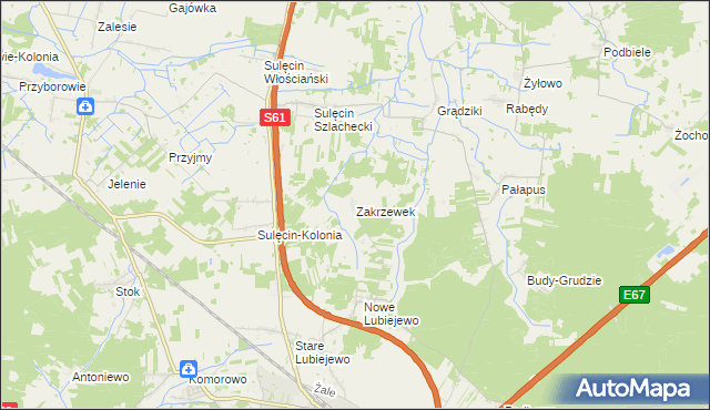 mapa Zakrzewek gmina Ostrów Mazowiecka, Zakrzewek gmina Ostrów Mazowiecka na mapie Targeo