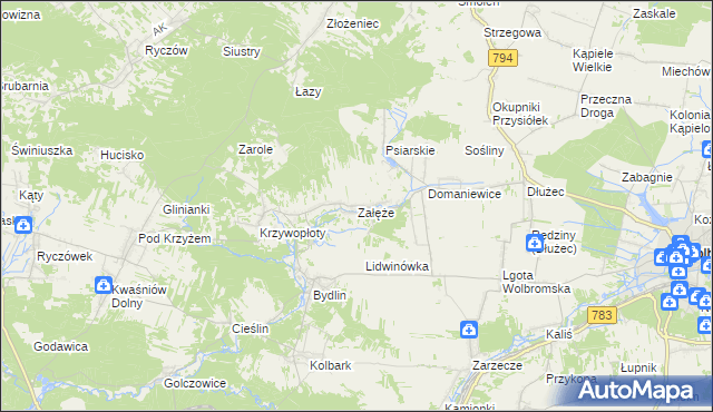 mapa Załęże gmina Wolbrom, Załęże gmina Wolbrom na mapie Targeo