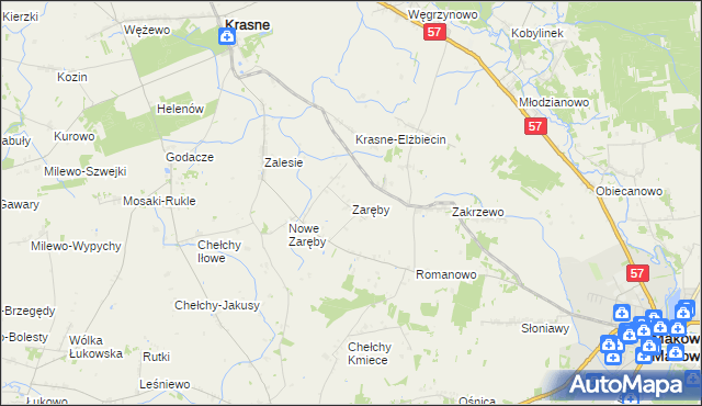 mapa Zaręby gmina Karniewo, Zaręby gmina Karniewo na mapie Targeo