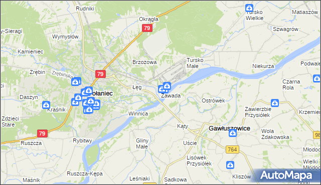 mapa Zawada gmina Połaniec, Zawada gmina Połaniec na mapie Targeo