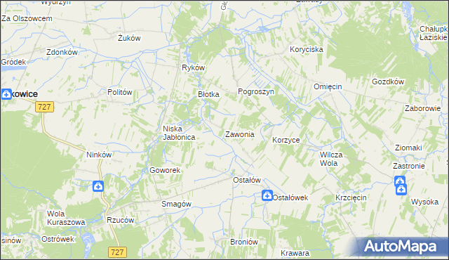 mapa Zawonia gmina Chlewiska, Zawonia gmina Chlewiska na mapie Targeo