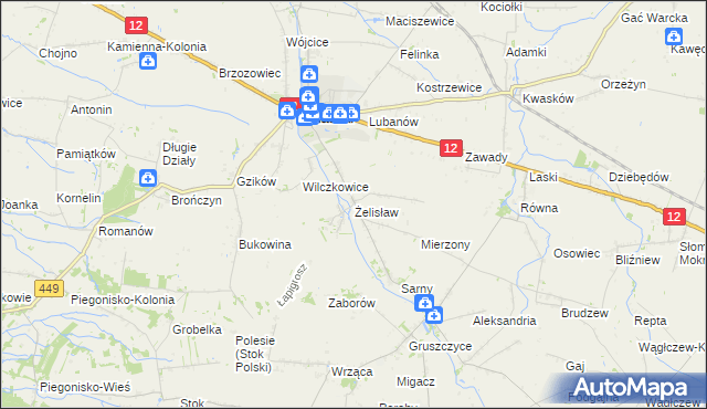 mapa Żelisław gmina Błaszki, Żelisław gmina Błaszki na mapie Targeo