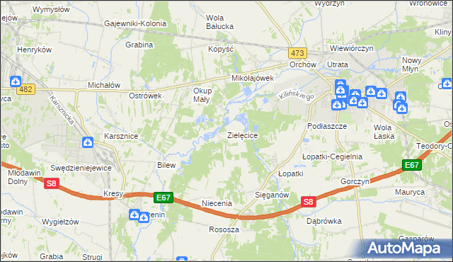 mapa Zielęcice gmina Łask, Zielęcice gmina Łask na mapie Targeo