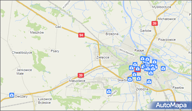 mapa Zielęcice gmina Skarbimierz, Zielęcice gmina Skarbimierz na mapie Targeo