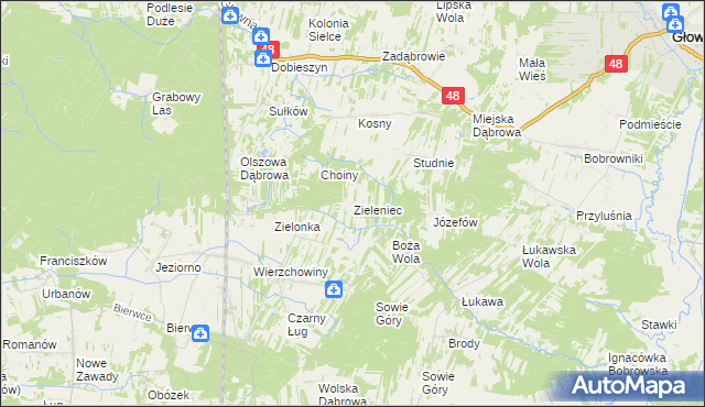 mapa Zieleniec gmina Głowaczów, Zieleniec gmina Głowaczów na mapie Targeo