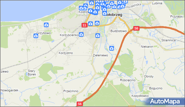 mapa Zieleniewo gmina Kołobrzeg, Zieleniewo gmina Kołobrzeg na mapie Targeo